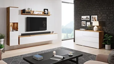Obrázek produktu pro Nábytek do obývacího pokoje s LED osvětlením ROSARIO - dub wotan / lesklý bílý