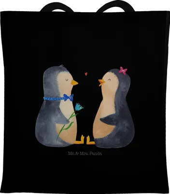 Produktbild von Mr. & Mrs. Panda Schultasche Pinguin Pärchen - Schwarz - Geschenk, Jutetasche, glücklich, Jutebeutel, Verknallt, Shopping Tasche, Liebe, Tote Bag, Laptoptasche