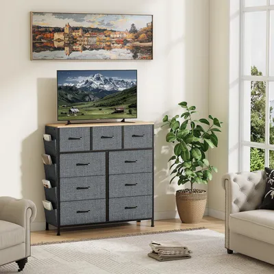 Image de Commode 100 cm avec 9 tiroirs en tissu non tissé, structure métallique, style bohème vintage, meuble de rangement, Gris