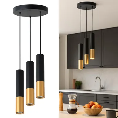 Produktbild von MasterLED Pendelleuchte Keon 3xGU10 Schwarz-Gold – Moderne Hängelampe rund für Esszimmer, Küche & Wohnzimmer