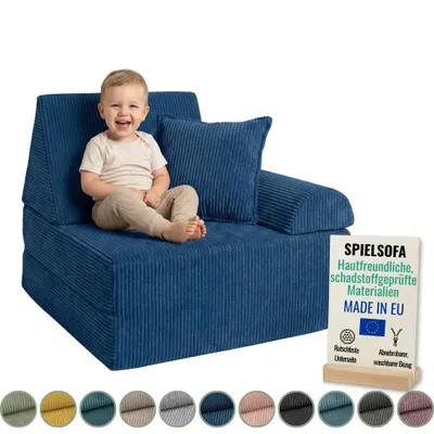 Produktbild von Pillows24 – Spielsofa für Kinder aus Cordstoff | Kindersessel mit waschbarem Bezug | Kindersofa für Spielzimmer – Hergestellt in der EU, Blau