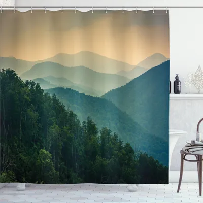 Image de ABAKUHAUS Rideau de douche Appalachian, photo panoramique de montagnes de Virginie, 175 x 180 cm, vert chasseur gris bleu sarcelle