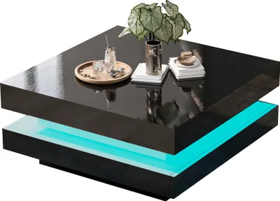 Produktbild von okwish schwarzer quadratischer Couchtisch 70 x 70 x 36 cm – moderner Tech-Stil mit 16 Farben LED-Beleuchtung, klassisch stilvoller moderner Wohnzimmertisch
