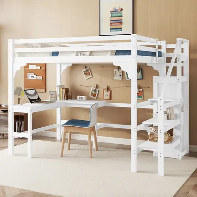 Produktbild von okwish Hochbett 140x200 Kinderbett mit L-förmiger Schreibtisch und Offener Kleiderschrank,Jugendbett mit Stauraumtreppe,Bettgestell,Weiß,ohne Matratze