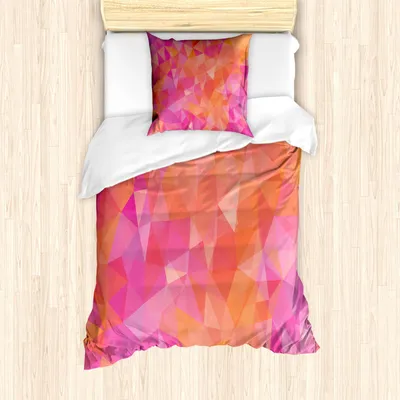 Produktbild von ABAKUHAUS Orange und Rosa Bettbezug Set, Polygonale Zusammensetzung mit Dreiecken Geometrische Illustration Abstrakte Kunst, 135 x 200 cm + 80 x 80 cm, Mehrfarbig