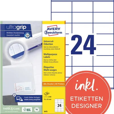 Produktbild von Avery Zweckform 3475 Universal-Etiketten, 70 x 36 mm, Geeignet für Deutsche Post INTERNETMARKE, 100 Blatt/2.400 Etiketten, weiß