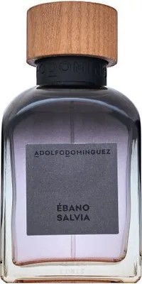 A perfume bottle with a wooden cap and a gray label.