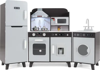 A toy kitchen set with a refrigerator, stove, and washing machine.