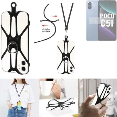 Produktbild von K-S-Trade 3in1 Handykette Handyband Handykordel Halsband Smartphone-Ring Handy-Ring kompatibel mit POCO C51 Fingerhalterung Handyring Tischständer