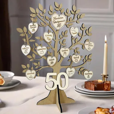Produktbild von Lebensbaum Geschenk & Deko zum 50. Geburtstag – mit 17 gravierten Herzens-Wünschen | Geldgeschenk