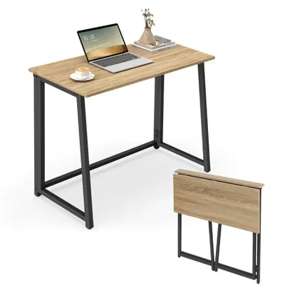 A folding desk is shown in an open and a folded state against a white background.