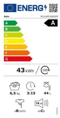 Produktbild von Beko bPRO 500 BTL1WFP10652FR, Toplader, 6,5 kg, B, 78 dB, 1151 RPM, A