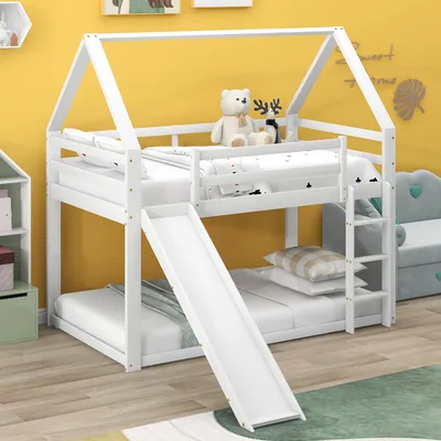 Produktbild von Flieks Etagenbett 90x200cm, Kinderbett Hausbett mit Rutsche und Leiter, Hochbett mit Lattenrost, Stockbett Holzbett mit Rausfallschutz, Weiß