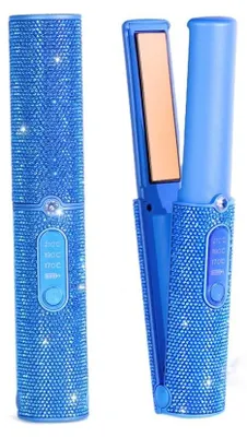 Obrázek produktu pro Bezdrátový stylingový přístroj na vlasy – kulma a žehlička 2 v 1 – nabíjení přes USB – automatické vypnutí – teplota až 210 °C – cestovní velikost – Blue Diamond