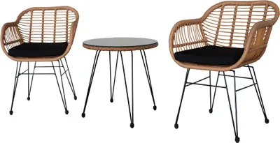 A rattan-style garden furniture set consisting of two chairs and a small round table, presented on a white background.