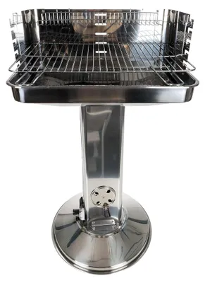Produktbild von Säulengrill mit höhenverstellbarem Grillrost, Klapp-Haltegriffen, Warmhalterost, Belüftungshebel, Windschutz und Ascheschublade aus rostfreiem Edelstahl