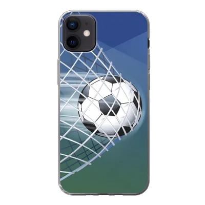 Produktbild von MuchoWow® Handyhülle Schutzhülle Hülle für iPhone 12 mini Eine Illustration eines Fußballs im Netz - Jungen - Mädchen - Kinder Silikon Softcase Handy Hülle - Bild