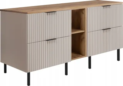 A modern beige cabinet with a wooden top and black legs, shown against a white background.