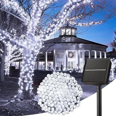 Produktbild von Solar-Strand, 11 Meter, 60 LEDs, 8 Lichtstände, witterungsbeständig, ideal für Außenhalloween- und Weihnachtsdekorationen, weiß