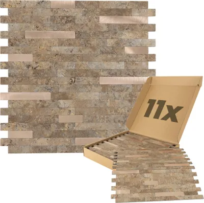 Produktbild von Dalsys Wandpaneele selbstklebend Steinoptik 1m², 11 Stück Beige Gold Wandverkleidung feuchtigskeitsbeständig, für Bad und Küche, dünne Streifen