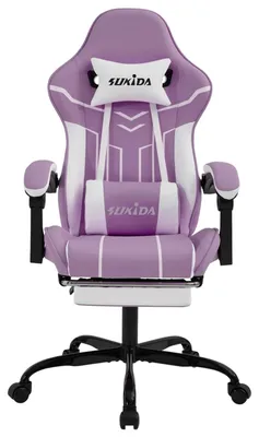 Produktbild von Gaming Stuhl - Ergonomischer Bürostuhl mit Fußstütze - Lendenstütze - Höhenverstellbar - 360° drehbar - Mit Armlehnen - Lila Weiß