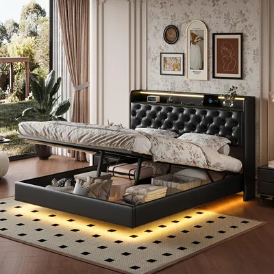 Immagine prodotto di Letto imbottito Fortuna Lai 140x200 cm, con LED, USB e Type-C, rete idraulica, ecopelle, nero