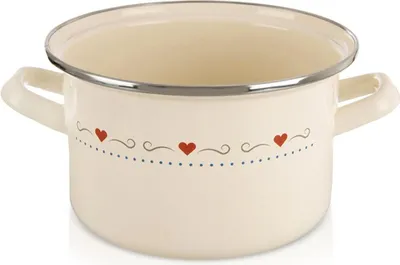 A cream-colored enamel pot with a decorative heart pattern.
