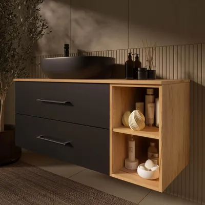 Produktbild von Planetmöbel LUX Badmöbel-Set Waschtisch mit Unterschrank Gold Eiche/Anthrazit 120 cm hängend inkl. Aufsatz-Waschbecken 60 cm schwarz