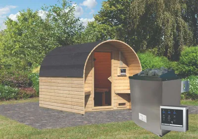 Image de Sauna à tonneau Karibu 3 bancs en bois naturel Épaisseur des parois : 38 mm Sauna d'extérieur