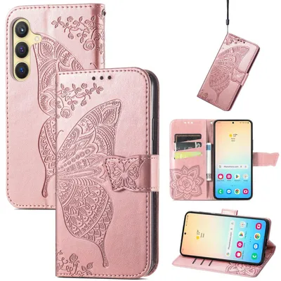 Image de Étui portefeuille en similicuir pour Samsung Galaxy S25 5G, motif papillon, rose