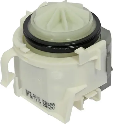 A close-up studio shot of a washing machine drain pump.