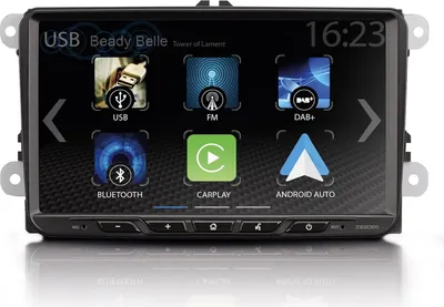 A car infotainment system screen displaying various app icons and system information.