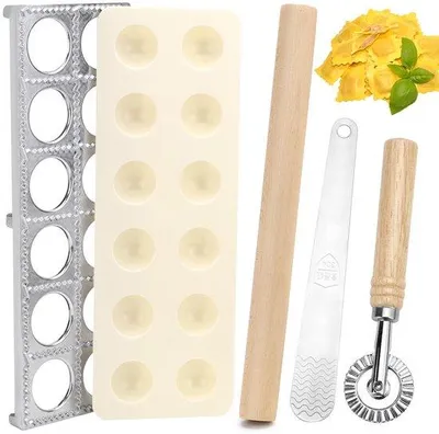 Productafbeelding van Ravioli set, ravioliformer met deegroller, gehaktballetwiel, vleesspatel