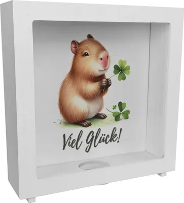 Produktbild von Capybara mit Kleeblatt Rahmen Spardose aus Holz mit Spruch Viel Glück