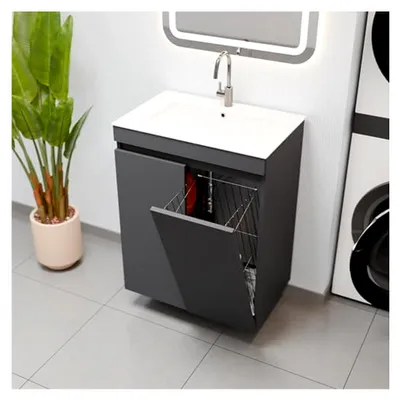 Produktbild von Waschbecken mit Unterschrank Ribera, Hängend oder Stehend, Waschtisch mit Unterschrank für Badezimmer, Wäschekorb, Wäscheschrank, Zusatzböden, 2 Soft-Close-Türen (Anthrazit, 60 cm)