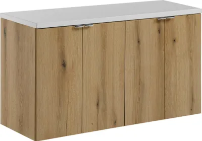 Produktbild von Badezimmerschrank 100 Cm Mit Weißer Matter Platte Und Eichenfronten