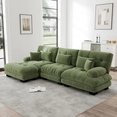 Image de Canapé d'angle en chenille en L, canapé modulaire « Cloud » avec pouf, assise profonde, canapé-lit, 313 x 145 x 81 cm, vert