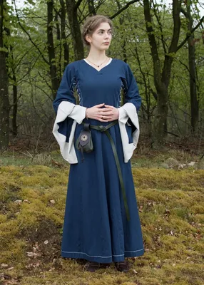 Produktbild von Mittelalterkleid mit Höllenfenstern, Bliaut Amal, blau/natur - Mittelalter Wikinger LARP Kleid Kostüm Verkleidung Größe: XXL