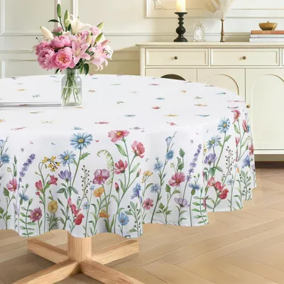 Obrázek produktu pro Kulatý ubrus, průměr 180 cm, motiv: jarní a letní divoké květiny a motýli