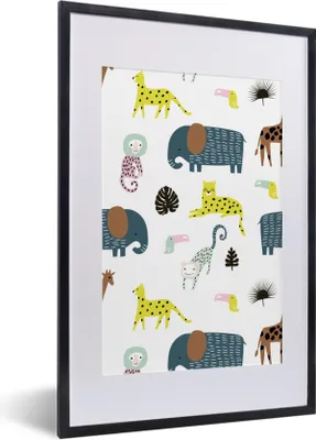 Produktbild von MuchoWow® MuchoWow® Gerahmtes Poster Tiere - Elefant - Affe - Weiß 40x60 cm - Poster mit zchwarzem Bilderrahmen - Poster in Rahmen