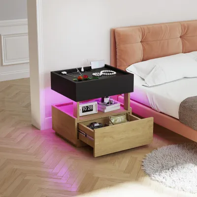 Produktbild von STILVORA Nachttisch mit kabelloser Ladefunktion und LED-Beleuchtung, Beistelltisch mit USB-Anschlüssen und 2 Schubladen, Schlafzimmer Tisch