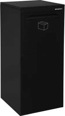 A black parcel box with a white outline of a box on its front.