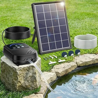 Produktbild von PolkaHome® Solar-Teichbelüfter mit 4400 mAh Akku, 3 m Schlauch, IPX5, leise Sauerstoffpumpe für Teich bis 800 l