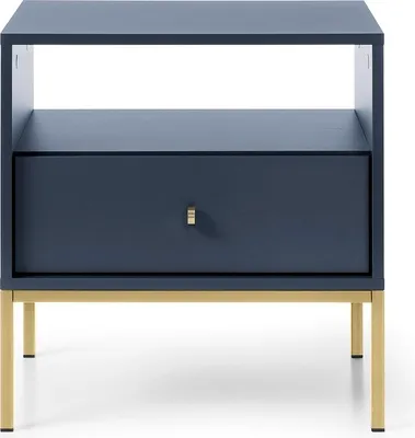 Image de Table de nuit 50 cm Monti - Table de nuit avec tiroirs, pieds métalliques 18 cm, poignées dorées (bleu + or)