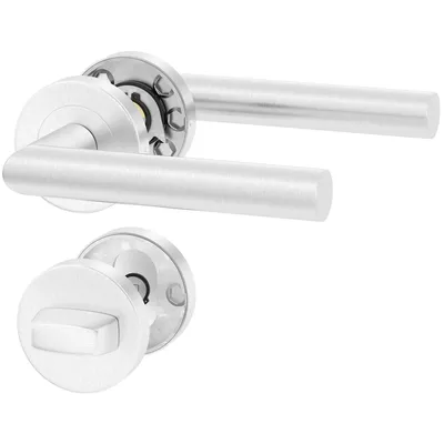 A set of brushed metal door handles and a WC lock mechanism, presented against a white background.