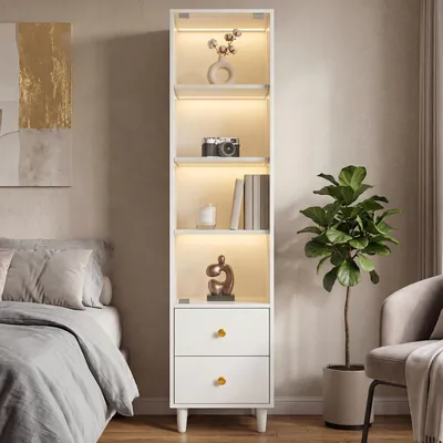 Produktbild von MODFU Standvitrine Weiß mit LED-Beleuchtung,Highboard,Beistellschrank mit Glastüren auf 4 Ebenen und 2 Schubladen,40×35×165 cm
