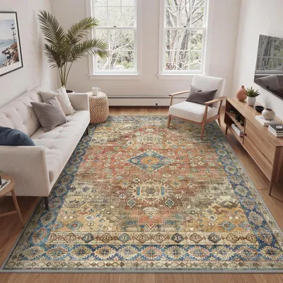 Zdjęcie produktu dla Dywan do salonu, zmywalny, 200x290 cm, czerwony, styl retro, prostokątny