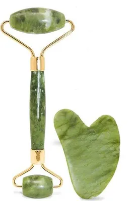 Produktbild von Famanu Jade Roller & Gua Sha - Grüne Steine für Gesichtspflege