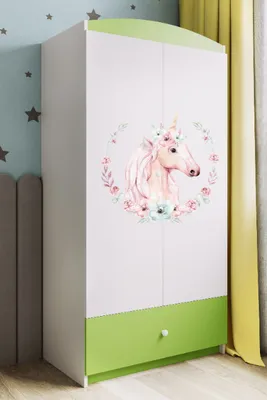 Obrázok produktu pre Detská šatníková skriňa Babydreams Šatníková skriňa so závesnými dverami Šatníková skriňa Horse zelená