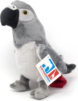 A plush toy parrot is shown against a white background.